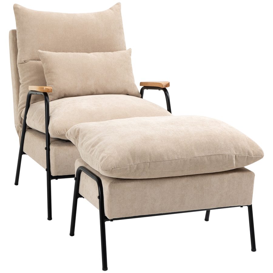 HOMCOM Relaxsessel mit Hocker Sessel mit Verstellbar Rückenlehne, Liegefunktion, Kissen, Loungesessel Modern Polstersessel mit Kord-Optik für Wohnzimmer bis 180 kg belastbar, Beige   Aosom von HOMCOM