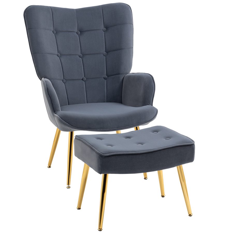 HOMCOM Sessel mit Fußhocker, gesteppter Wohnzimmerstuhl mit hoher Rückenlehne, goldfarbene Stahlbeine und Samtbezug, für Wohnzimmer, Schlafzimmer, dunkelgrau   Aosom von HOMCOM