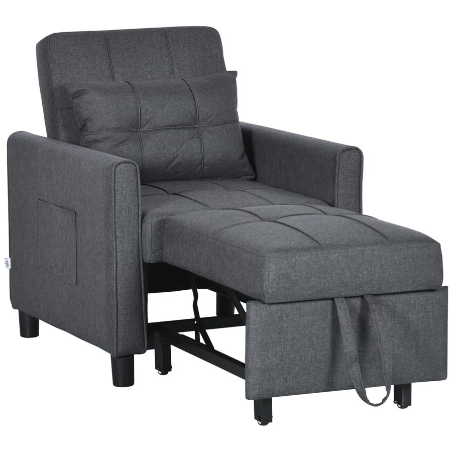 HOMCOM Fauteuil convertible 1 place 3 in 1, Schlafsessel mit verstellbarer Rückenlehne in 3 Positionen, inklusive Kissen und 2 Seitentaschen, Einzelschlafsofa für Gäste, Wohnzimmer, Büro, Grau   Aosom von HOMCOM