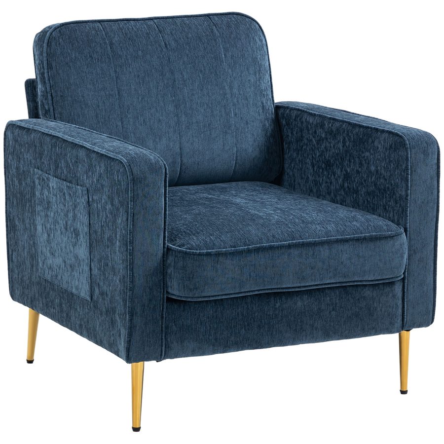 HOMCOM Wohnzimmersessel mit goldenen Stahlbeinen, bequemer 1-Sitzer-Sofa, Seitentaschen, für Wohnzimmer, Büro, Schlafzimmer, Blau   Aosom von HOMCOM