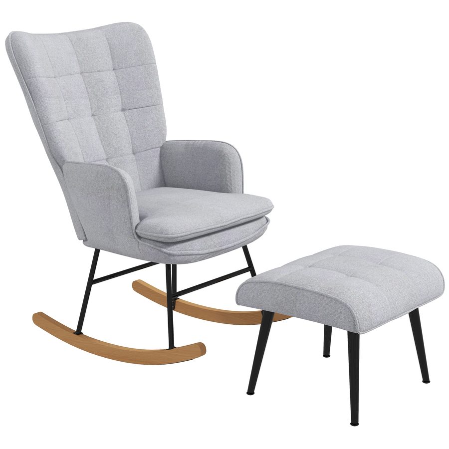 HOMCOM Schaukelstuhl Schwingsessel mit Hocker, Armlehnsessel, Relaxsessel mit Leinenoptik, Schaukelsessel bis 130 kg Belastbarkeit, Hellgrau   Aosom von HOMCOM