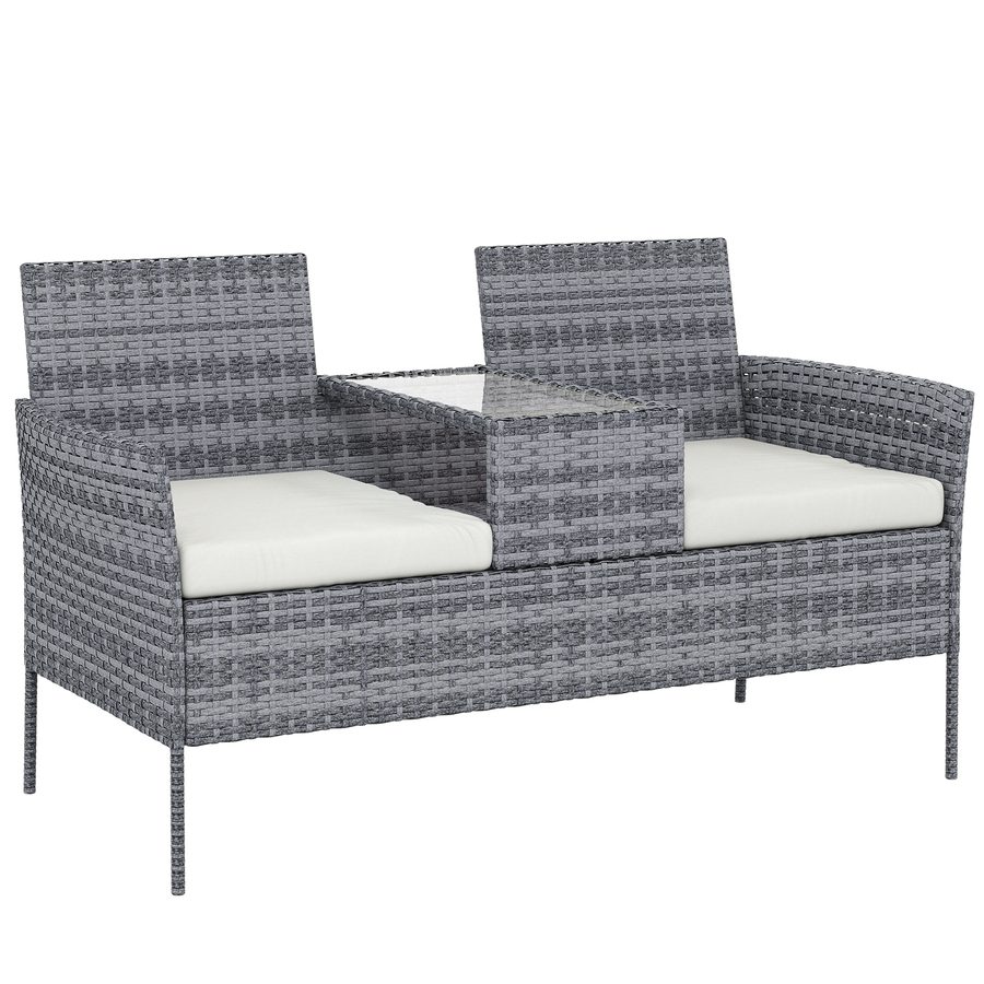 Outsunny Gartenbank aus geflochtenem Resin 2 Plätze mit Tisch und Kissen, 135 x 64 x 81 cm, für Balkon und Terrasse, Outdoor-Sofa, wetterfest, schwarz-creme   Aosom von Outsunny