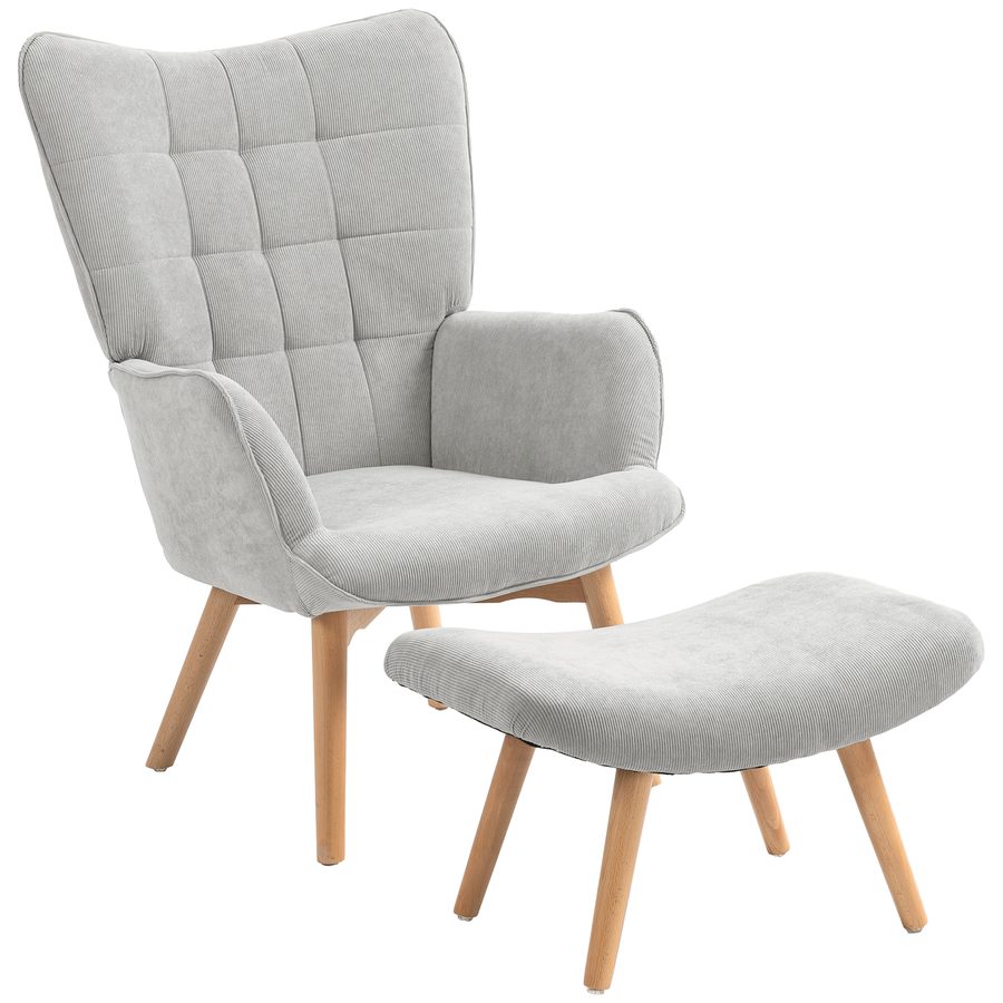 HOMCOM Ohrensessel mit Hocker, Relaxsessel, Polstersessel in Cord-Optik, Loungesessel, Armlehnstuhl mit Holzbeine, Fernsehsessel für Wohnzimmer, Grau   Aosom von HOMCOM