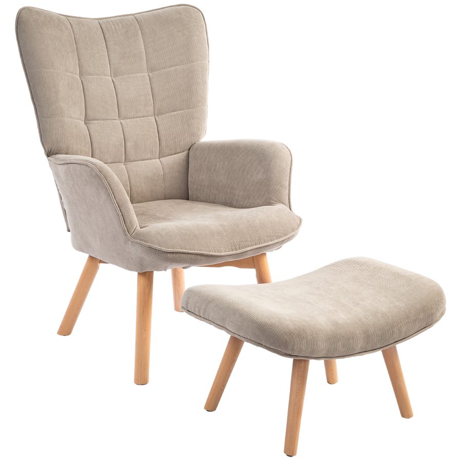 HOMCOM Sessel mit Hocker, Ohrensessel in Cord-Optik, Loungesessel, Armlehnstuhl mit Holzbeine, Fernsehsessel für Wohnzimmer, Hellbraun   Aosom von HOMCOM