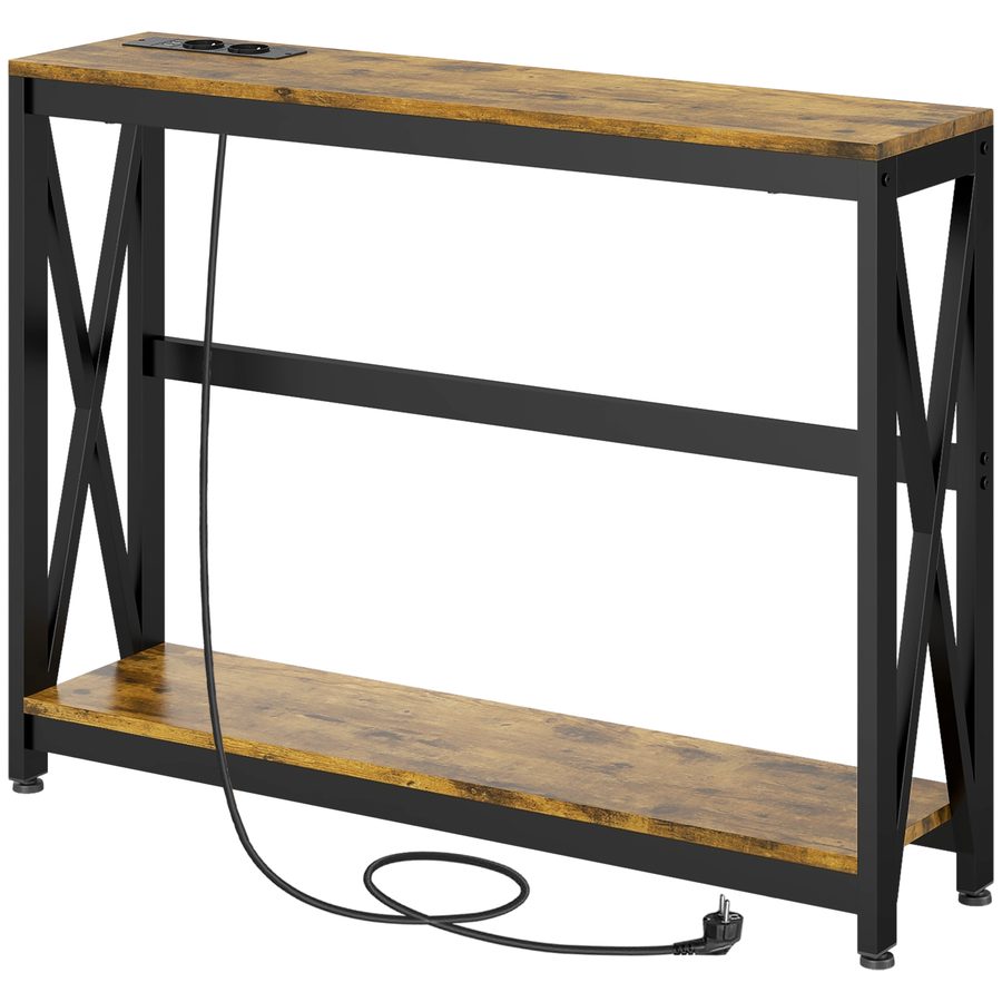 HOMCOM Konsolentisch mit Mehrfachsteckdose, Sofatisch mit 2 Regalen, schmale Eingangskonsole für Wohnzimmer, Schlafzimmer, Flur, 100 x 24 x 75 cm, industrieller Stil, rustikal braun und schwarz   Aosom von HOMCOM