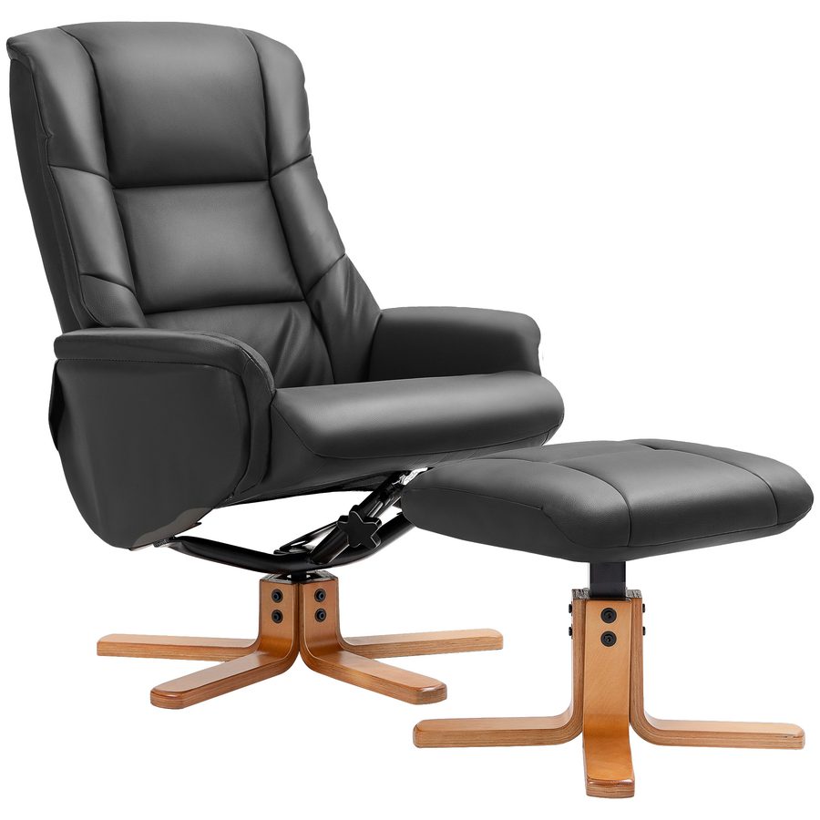 HOMCOM Relaxsessel mit Hocker 360° drehbar 130° neigbar mit Liegefunktion hohe Rückenlehne Holzrahmen Kunstleder Schwarz 76x85x104cm   Aosom.de von HOMCOM