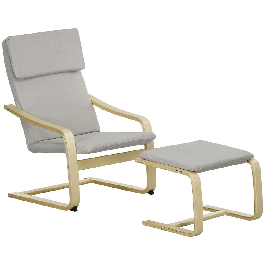 HOMCOM 2er-Set Loungesessel mit Hocker und Armlehne, Kopfstütze, Leinenbezug, Fußpolster aus Polyester, Eukalyptus, hellgrau 66,5 x 80 x 99 cm   Aosom.de von HOMCOM