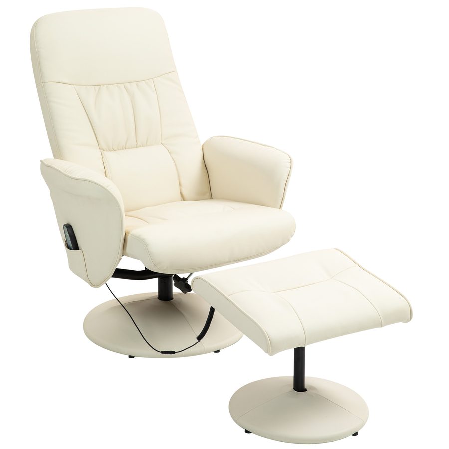 HOMCOM Relaxsessel mit Fußhocker, Elektrischer Massagesessel mit Liegefunktion, 10 Massagepunkte, Drehbarer Fernsehsessel mit Seitentasche, Fernbedienung, Kunstleder, Cremeweiß   Aosom von HOMCOM