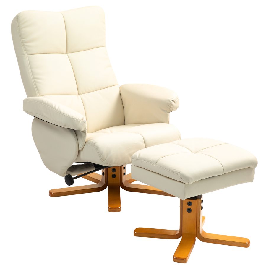 HOMCOM Relaxsessel mit Hocker, Stauraum, Gepolstert Fernsehsessel mit Liegefunktion, 360° Drehbar TV-Sessel für Schlafzimmer, Wohnzimmer, Kunstleder, Cremeweiß   Aosom von HOMCOM