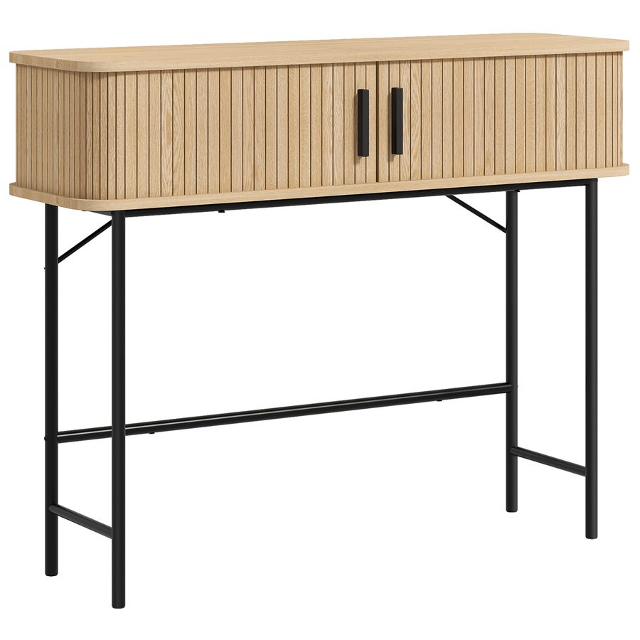 HOMCOM Konsole, Konsolentisch, Eingangstisch mit Lamellen-Schiebetüren und Stahlbeinen, Sofa-Endtisch für Wohnzimmer, Eiche und Schwarz   Aosom von HOMCOM