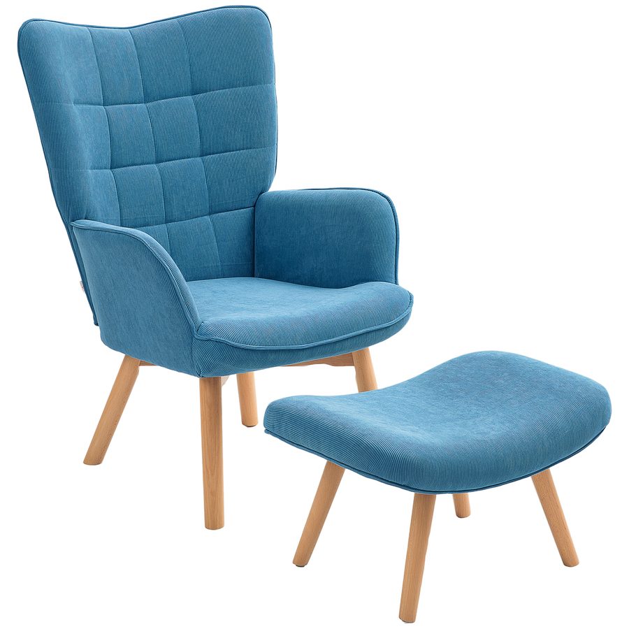 HOMCOM Sessel mit Hocker, Ohrensessel mit Hoher Rückenlehne, Holzbeine, Loungesessel mit getuftetem Design, Cord-Optik, für Wohnzimmer, Blau   Aosom von HOMCOM