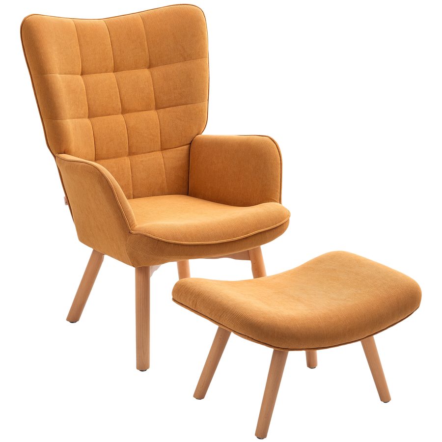 HOMCOM Sessel mit Hocker, Ohrensessel mit Hoher Rückenlehne, Holzbeine, Loungesessel mit getuftetem Design, Cord-Optik, für Wohnzimmer, Braun   Aosom von HOMCOM