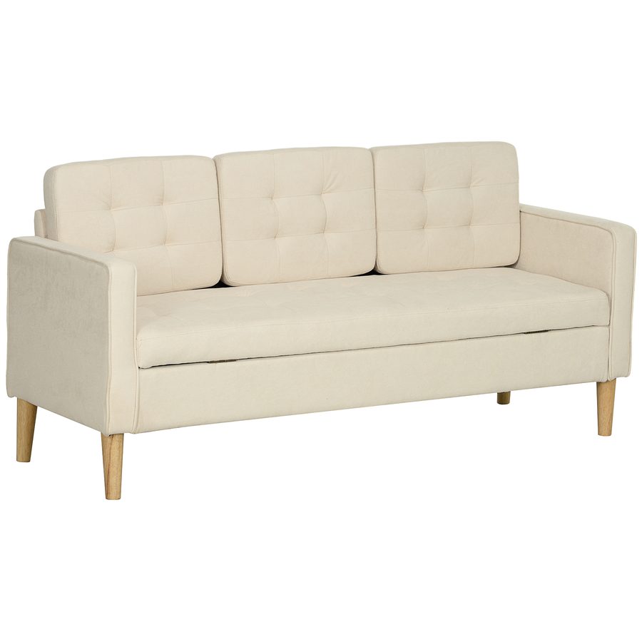 HOMCOM 3 Sitzer Sofa, Couch mit Stauraum, Holzbeine, Gepolsterter Polstersofa mit Samtoptik für Wohnzimmer, Schlafzimmer, 166,5 x 62 x 82 cm, Cremeweiß   Aosom von HOMCOM