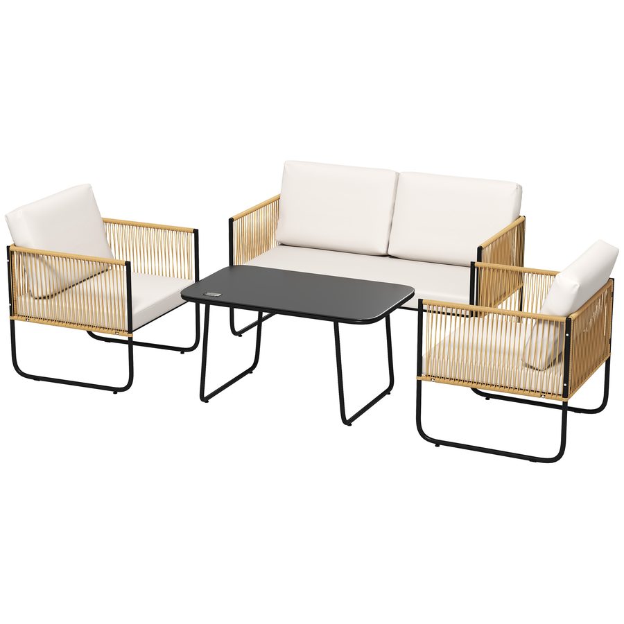 Outsunny Gartenmöbel-Set für 4 Personen im Freien, Balkonmöbel-Set aus Polyrattan mit 2-Sitzer-Sofa, Sesseln und Glastisch, abnehmbare Kissen inklusive, Creme   Aosom von Outsunny