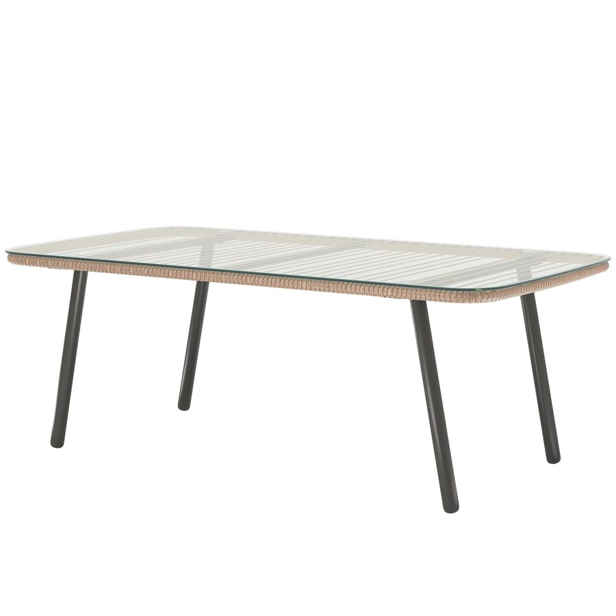 Outsunny Garten-Couchtisch aus geflochtener Kunstharz mit 5 mm dickem gehärtetem Glas-Plateau, Beistelltisch für Draußen, Garten, Terrasse, Patio, Balkon, Stahlrahmen 110 x 60 x 40 cm, natürliche Holzoptik   Aosom von Outsunny
