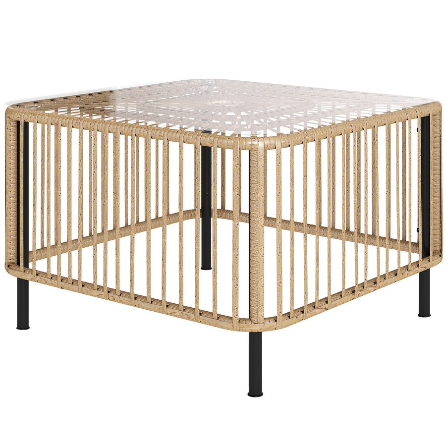 Outsunny Polyrattan Gartentisch, 65 x 65 x 43 cm, wetterfest Beistelltisch quadrarischer Terrassentisch mit Glasplatte Couchtisch Balkontisch Gartenmöbel für Garten, Terrasse, Balkon Naturholz   Aosom von Outsunny