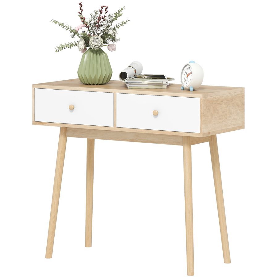 HOMCOM Konsolentisch, Konsolentisch, moderne Eingangskonsole, schmaler Eingangstisch mit 2 Schubladen und Holzfüßen, Sofatisch, für Wohnzimmer, Eingang, Flur, 86 x 35 x 75 cm, Eiche und Weiß   Aosom von HOMCOM