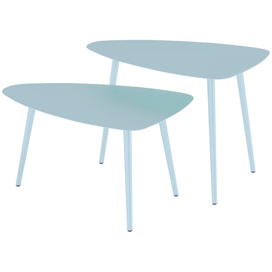 Outsunny Set mit 2 Garten-Couchtischen, nestbare dreieckige Beistelltische, Stahlrahmen, mit verstellbaren Gleitern für Balkon, Terrasse, Garten, hellblau   Aosom von Outsunny