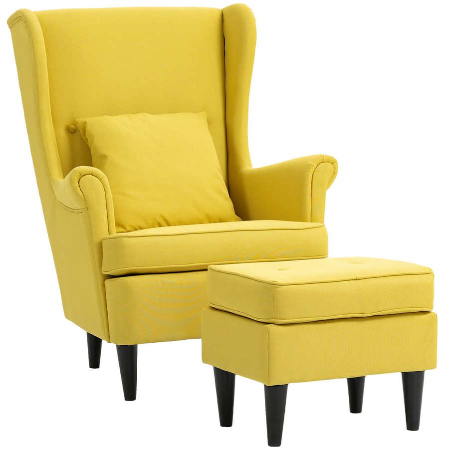HOMCOM Ohrensessel mit Hocker Sessel mit Leinenoptik, Lendenkissen, Loungesessel Modern Relaxsessel mit Armlehne für Wohnzimmer Schlafzimmer Gelb   Aosom von HOMCOM