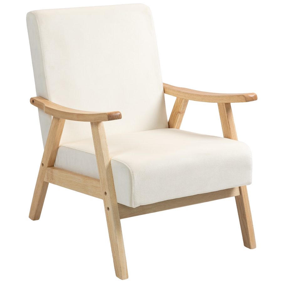 HOMCOM Sessel Wohnzimmer Nordisch Relaxsessel mit Armlehne, Sitzkissen, Gepolstert Loungesessel mit Holzrahmen, Armlehnensessel mit Samt-Optik, Polstersessel für Schlafzimmer Cremeweiß   Aosom von HOMCOM