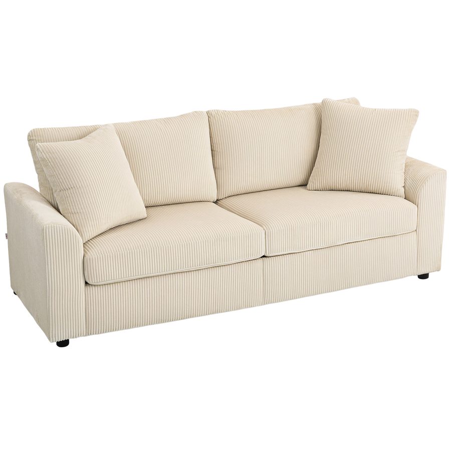 HOMCOM 3-Sitzer Sofa, Couch mit Armlehnen, Wurfkissen, Polstersofa mit Cordbezug, Dick Gepolstert Loungesofa bis 450 kg für Wohnzimmer, Schlafzimmer 212 x 80 x 88 cm, Cremeweiß   Aosom von HOMCOM