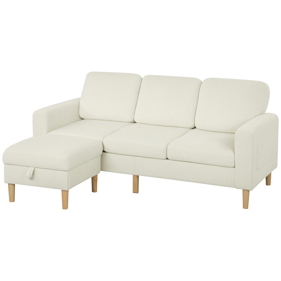 HOMCOM 3-Sitzer-Sofa mit Hocker, Rippenvelours-Sofa 192 cm, modernes Design, Stauraumhocker, Federnkissen, gepolsterte Sitzfläche und Rückenlehne, für Wohnzimmer, Schlafzimmer, Büro, Beige   Aosom von HOMCOM
