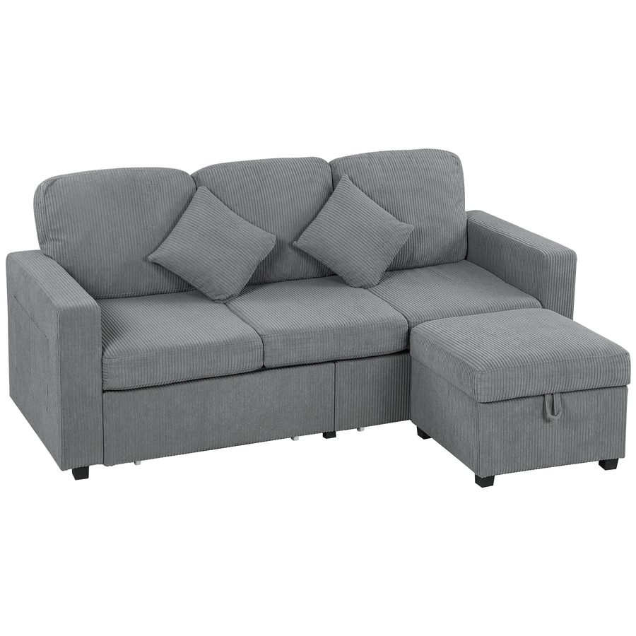 HOMCOM Ecksofa 3-Sitzer Modulares Ecksofa aus Ripp-Velours 196x139x85 cm mit Aufbewahrungshocker Abnehmbaren Kissen, Umkehrbares L-Form Sofa für Wohnzimmer, Hellgrau   Aosom von HOMCOM
