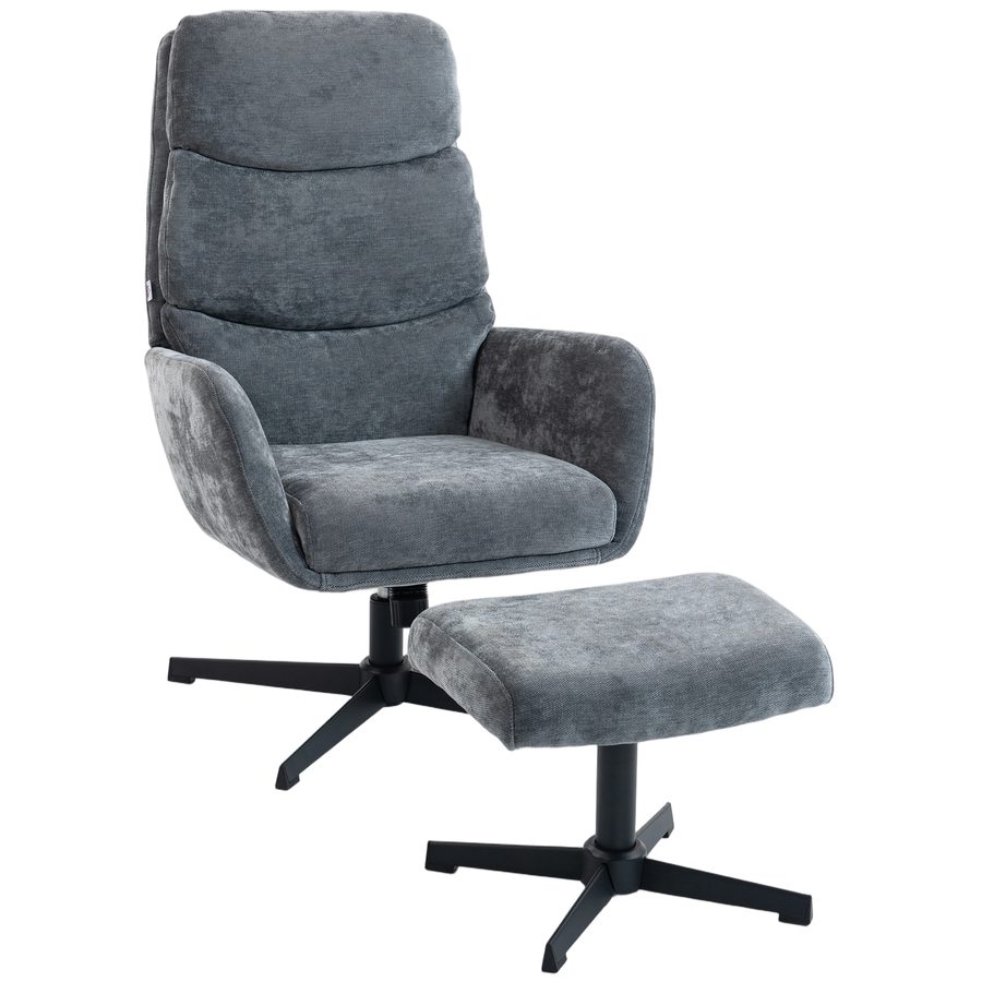 HOMCOM Relaxsessel mit Hocker, Sessel mit hoher Rückenlehne, Loungesessel mit Wippfunktion Leinenoptik Metallsockel, Polstersessel für Wohnzimmer, Schlafzimmer, Grau   Aosom von HOMCOM