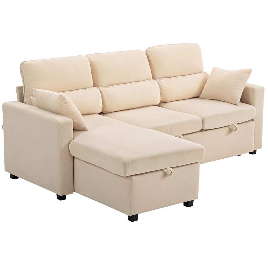 HOMCOM Verstellbares Bettsofa, L-förmiges Gästesofa mit Bettfunktion, Stauraum, Kissen, für Wohnzimmer, Gästezimmer, Beige   Aosom von HOMCOM