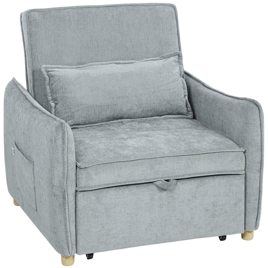 HOMCOM Schlafsessel 1‑Sitzer 3‑in‑1, Clic‑Clac Schlafsessel aus Chenille mit breiter Sitzfläche, verstellbarer Rückenlehne, Kissen und Seitentaschen, Gästebett, Wohnzimmer, kleine Räume, grau   Aosom von HOMCOM