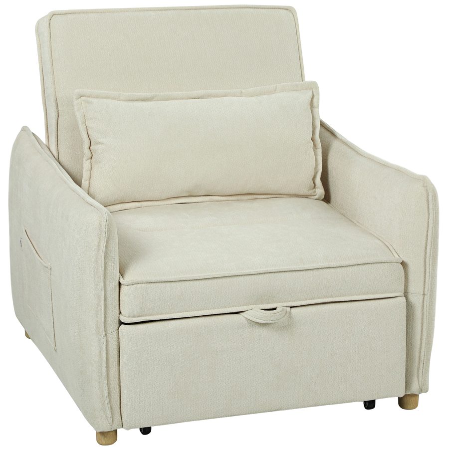 HOMCOM Schlafsessel mit Bettfunktion 88cm x 84cm x 87cm, Umwandelbarer Sessel mit Kissen, Seitentasche und Schlaffunktion Cremeweiß   Aosom von HOMCOM