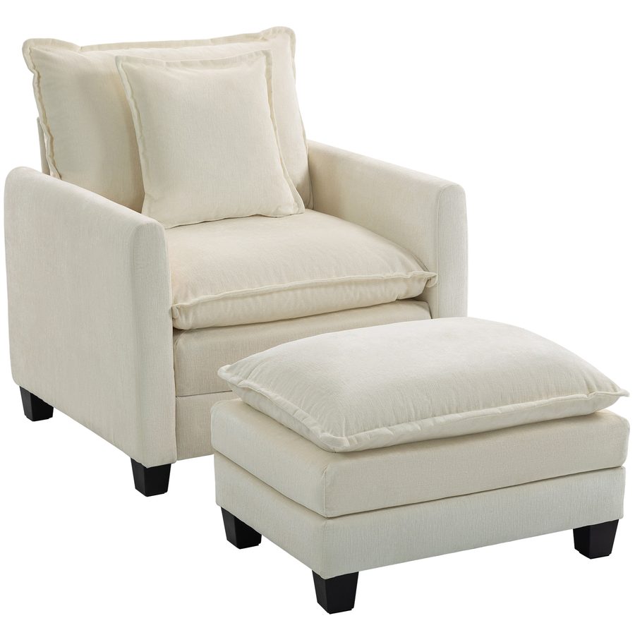 HOMCOM Wohnzimmer-Sessel mit Fußhocker, 1-Sitzer Sofa aus Chenille, breite Sitzfläche, doppelte Polsterung, Federkernkissen, Kissen, moderner Lesesessel für Schlafzimmer, Wohnung, Creme   Aosom von HOMCOM