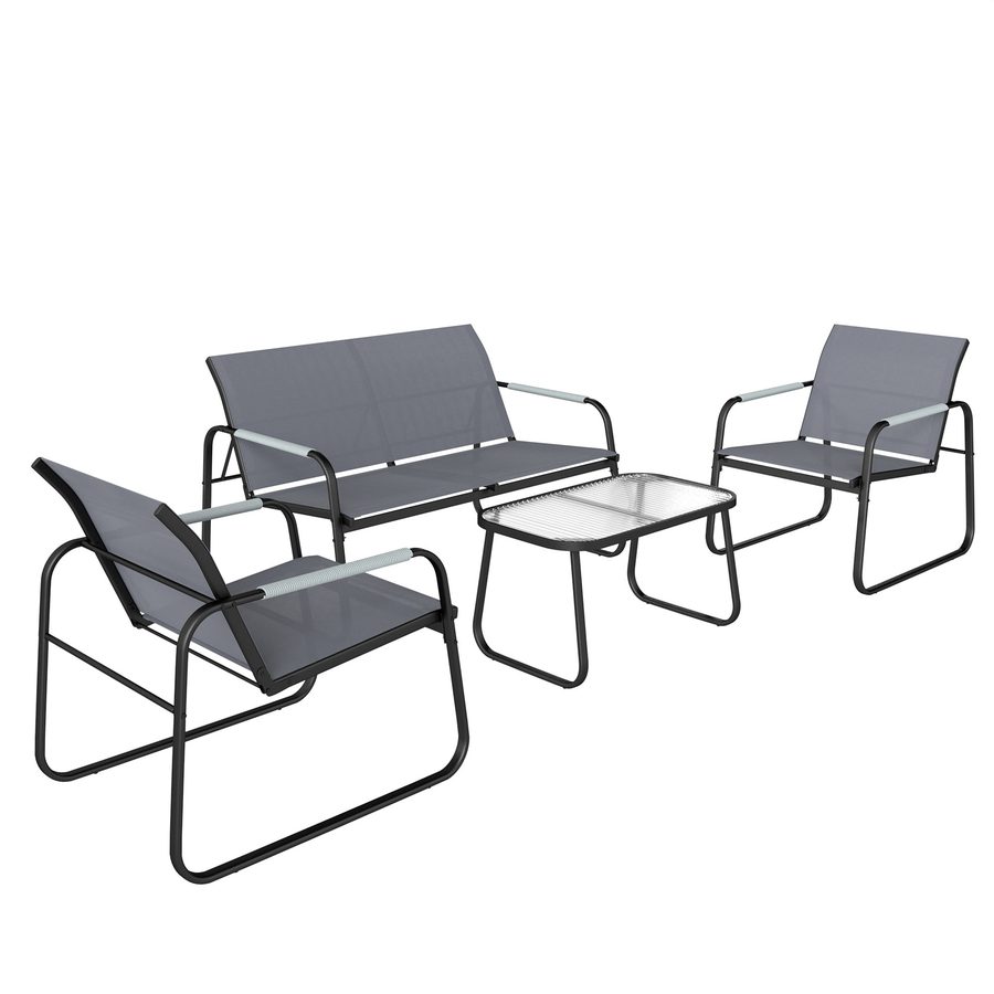 Outsunny 4-teiliges Gartenset für Außenbereich, Gartenmöbel mit 2‑Sitzer Sofa, 2 Sesseln und Tisch mit gehärteter Glasplatte, verzinktes Stahlgestell und atmungsaktives Textilene, Grau   Aosom von Outsunny