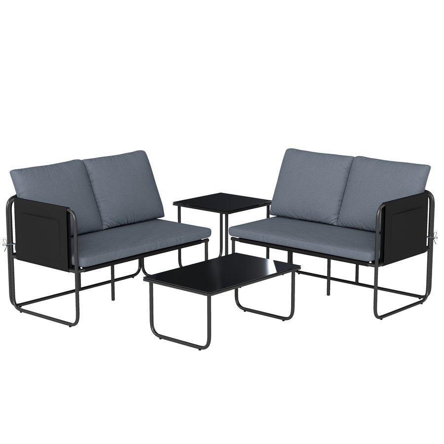 Outsunny 4-teiliges Gartenmöbel-Set, Gartenmöbel mit 2 Zweisitzer-Sofas, 2 Glastischen, Kissen, abnehmbare Bezüge, Taschen, atmungsaktives Textilene, Stahlgestell, Grau   Aosom von Outsunny