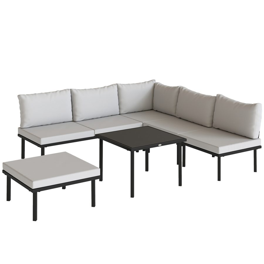 Outsunny 6-teiliges Gartenlounge-Set, Eck-Gartenmöbel-Set mit 2-Sitzer-Sofa, 3 Stühlen, Fußhocker, Glastisch, Kissen, Outdoor-Lounge in L-Form aus Metall, Hellgrau   Aosom von Outsunny