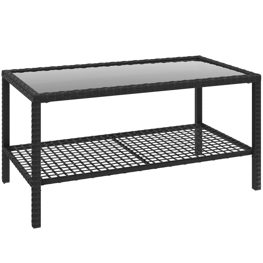 Outsunny Beistelltisch aus Polyrattan rechteckiger Kaffeetisch mit Glas Tischplatte, Ablage, Gartentisch Balkontisch Couchtisch Rattantisch für Garten Terrasse Balkon, 92 x 50 x 45 cm Schwarz   Aosom von Outsunny