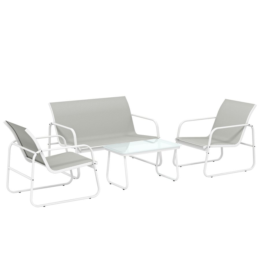 Outsunny 4-teiliges Gartenmöbel-Set, Außenmöbel mit Zweisitzer-Sofa, 2 Sesseln, Tisch mit gehärteter Glasplatte, atmungsaktives Textilene, Stahlgestell, Hellgrau   Aosom von Outsunny