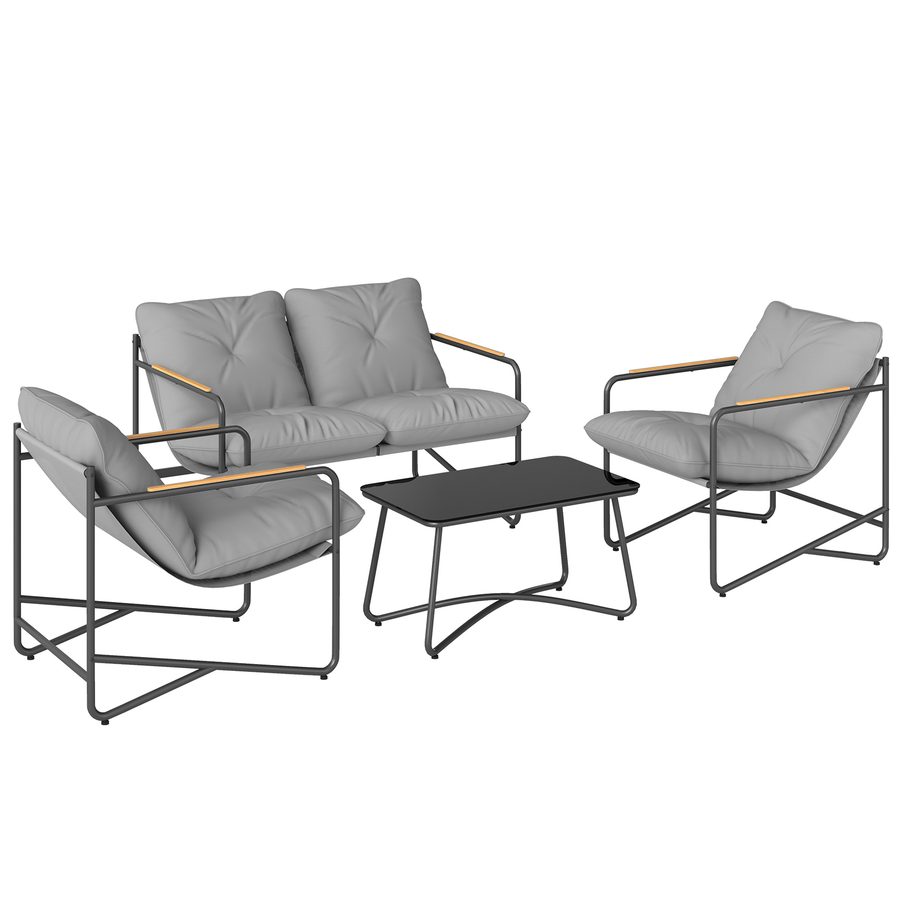 Outsunny Garten-Loungeset 4-teilig, Metall-Gartenmöbel mit 2-Sitzer-Sofa, 2 Sesseln, Glastisch, dicke Kissen, Outdoor-Lounge für Terrasse Balkon, Hellgrau   Aosom von Outsunny