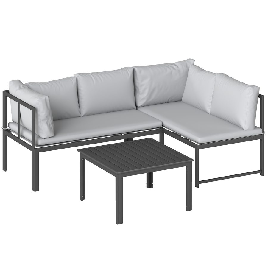 Outsunny 3-teiliges Garten-Sitzset, Gartenmöbel-Set mit 2 zweisitzigen Sofas mit verstellbaren Armlehnen, Latten-Tisch, Kissen, Metallrahmen, L‑förmiges Outdoor-Sitzset, Grau   Aosom von Outsunny
