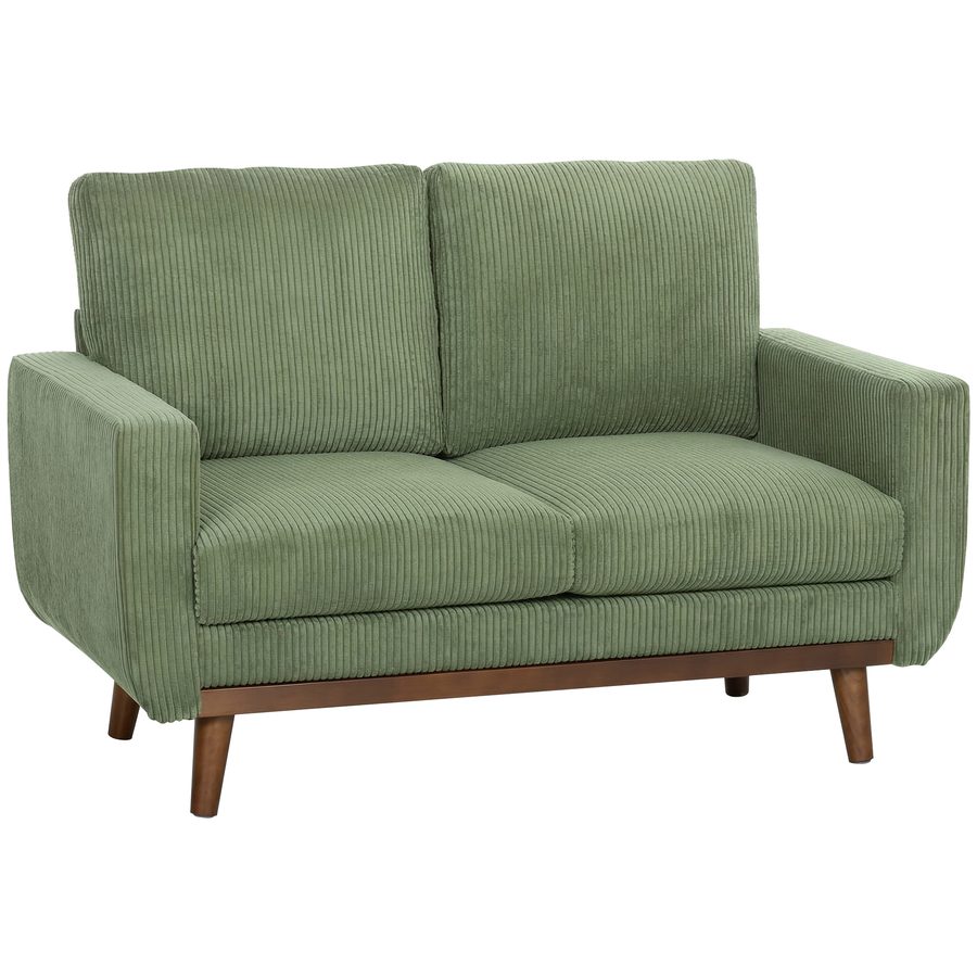 HOMCOM Sofa 2 Sitzer 134 cm Cord Couch mit dicker Rückenlehne, Holzlatten-Akzent, Armlehne Bequeme Moderne Stoffcouch für kleine Räume, Wohnzimmer, Schlafzimmer, einfache Montage, Grün   Aosom
