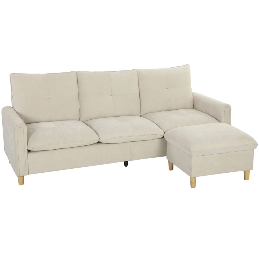 HOMCOM 3‑Sitzer Sofa mit Aufbewahrungs-Pouf, modulares Ecksofa 210 cm modern, breite gepolsterte Sitzfläche, Taschenfederkissen, Leinenoptikstoff, Füße aus Hevea‑Holz, für Wohnzimmer Schlafzimmer, creme   Aosom von HOMCOM