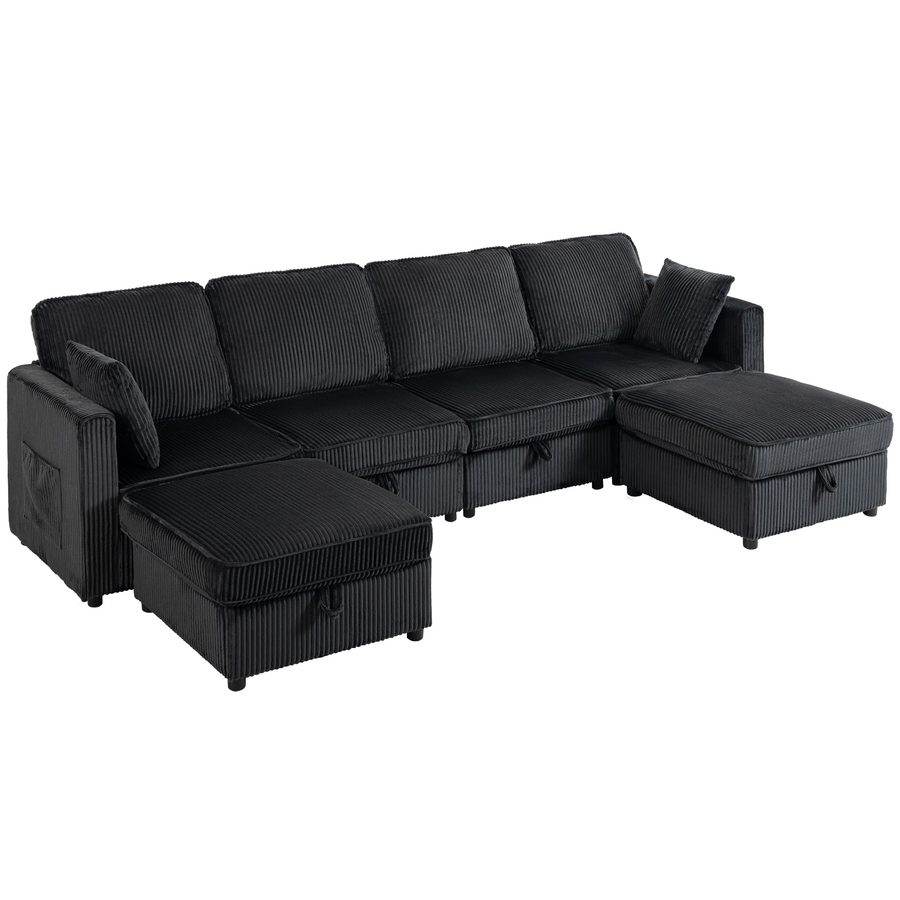 HOMCOM Ecksofa 4-Sitzer U-Form Sofa mit Stauraum-Ottomane, 306 cm Eckcouch mit Cord-Optik, 4 Kissen, für Wohnzimmer, Schlafzimmer, Dunkelgrau   Aosom von HOMCOM
