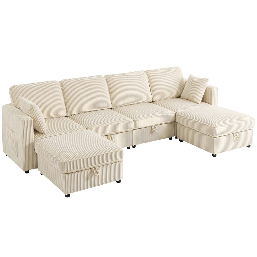 HOMCOM Sofa 4-Sitzer mit 2 Aufbewahrungs-Poufs, modulares U-Ecksofa 306 cm Cordvelours mit breiter Sitzfläche, 4 Kissen, Seitentaschen, Belastbar 600 kg, für Wohnzimmer, Schlafzimmer, Creme   Aosom von HOMCOM
