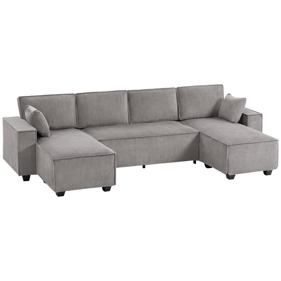 HOMCOM Ecksofa 311 cm mit Doppel-Chaiselongues, U-förmiges Sofa aus Cordstoff mit breitem und tiefem Sitz, Federkernkissen, breiten Armlehnen, 4-Sitzer Sofa für Wohnzimmer, Hellgrau   Aosom von HOMCOM