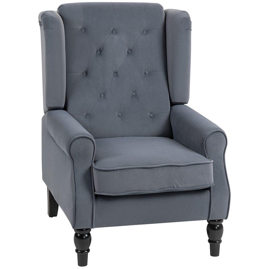 HOMCOM Sessel Ohrensessel mit Armlehnen, Loungesessel mit Hoher Rückenlehne mit Knopfheftung, Samtoptik Armlehnensessel mit Holzbeinen, Relaxsessel für Wohnzimmer, Schlafzimmer, Grau   Aosom
