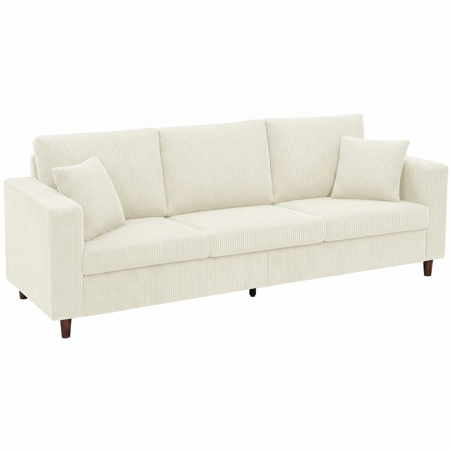 HOMCOM 3-Sitzer-Sofa aus Cordvelours, Modernes Wohnzimmersofa 225 cm, Breite Sitzfläche, Federkernkissen, Breite Armlehnen und Hevea-Holzfüße, für Schlafzimmer, Wohnung, Kleine Räume, Creme   Aosom von HOMCOM
