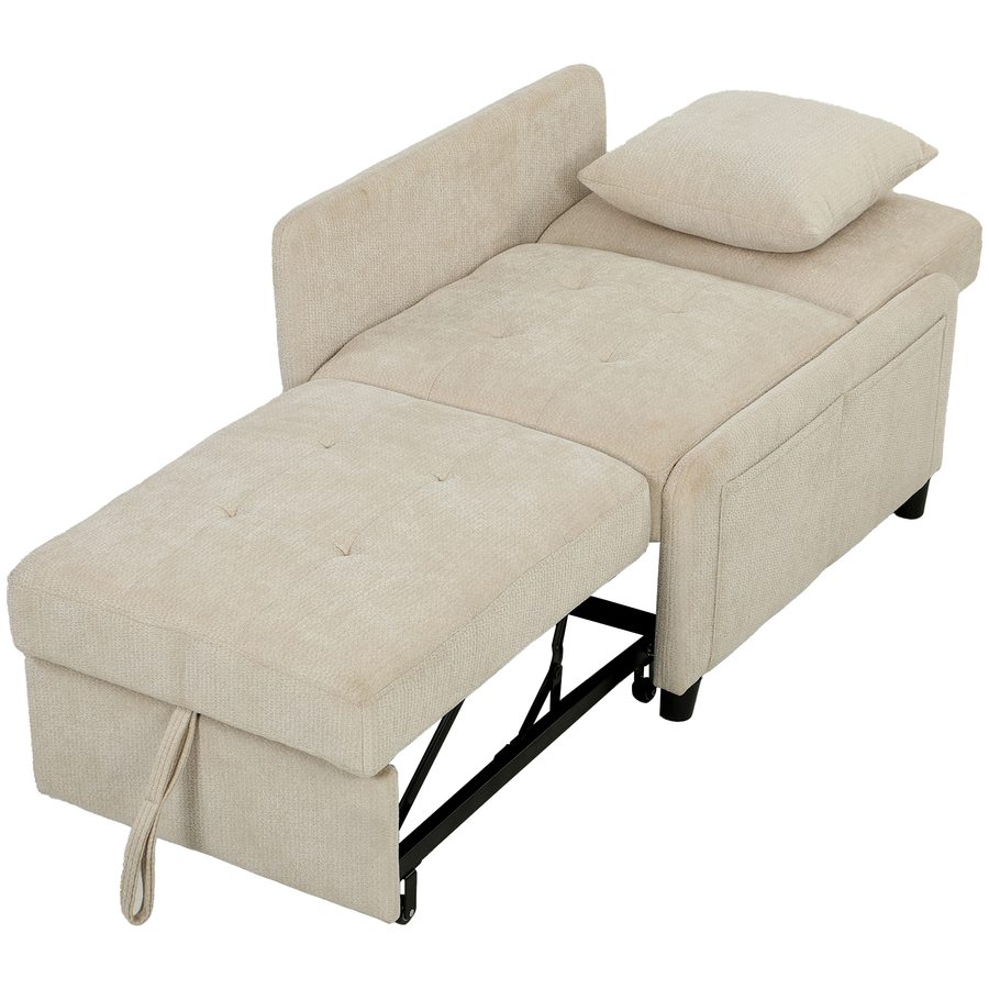 HOMCOM Schlafsessel für 1 Person, 4‑in‑1 Klick-Klack‑Schlafsessel gepolstert mit Chenille, verstellbare Rückenlehne, breite Sitzfläche, Kissen, Seitentaschen, Gästebett, Wohnzimmer, Büro, Beige   Aosom von HOMCOM