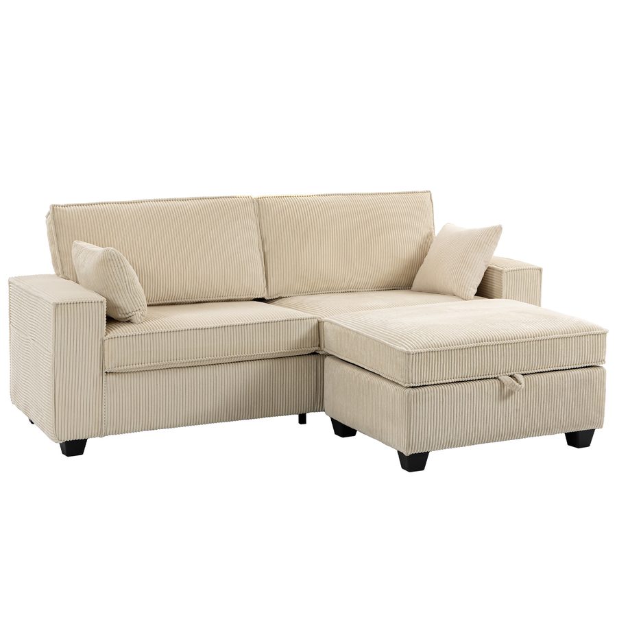 HOMCOM Ecksofa 3-Sitzer L-Form Sofa mit Stauraum-Ottomane, 216 cm Eckcouch mit Cord-Optik, breiter Sitzfläche, Armlehnen, 2 Kissen, für Wohnzimmer, Schlafzimmer, Beige   Aosom von HOMCOM
