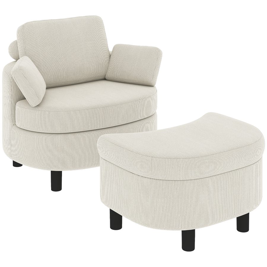 HOMCOM Sessel Loungesessel mit Aufbewahrungshocker, Verstellbare Kopfstütze, Polstersessel mit Breiter Sitz Relaxsessel aus Cord-Optik für Wohnzimmer, Schlafzimmer, Cremeweiß   Aosom von HOMCOM