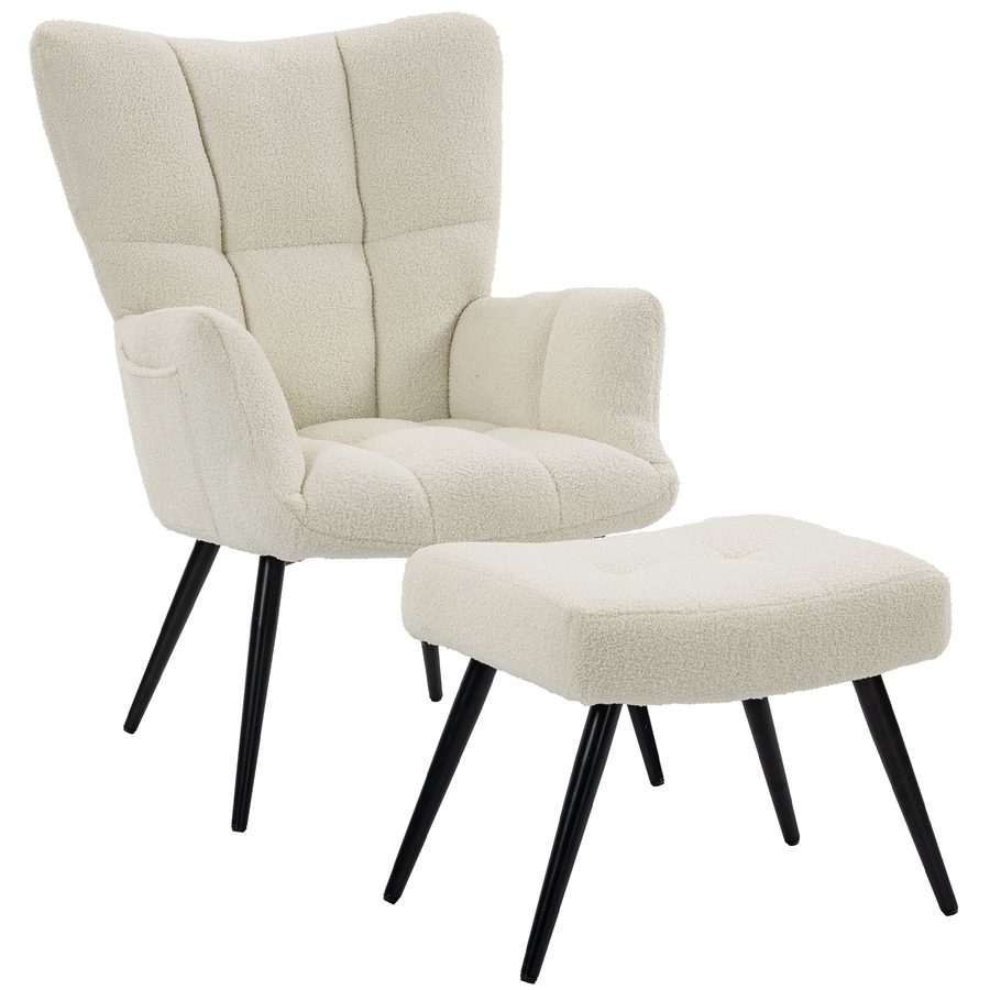 HOMCOM Sessel mit Fußhocker aus weichem, atmungsaktivem Teddy-Stoff, Schlafzimmer-Sessel mit hoher, gesteppter Rückenlehne, Seitentaschen, für Wohnzimmer, Arbeitszimmer, Schlafzimmer, Beige   Aosom von HOMCOM